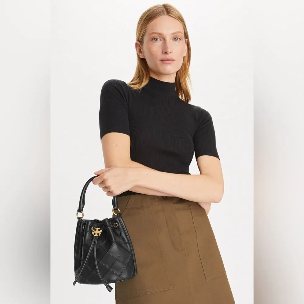 Tory Burch Small Fleming Soft Bucket Bag, Black, NWT
